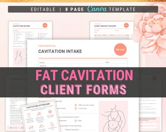 Puede incluir: Una plantilla de diseño gráfico rosa y blanca para formularios de clientes de cavitación. La plantilla incluye un formulario de admisión del cliente, un seguimiento del servicio al cliente y una hoja de cuidados posteriores a la cavitación. La plantilla es editable e incluye una descarga gratuita de PDF en blanco y negro. El texto "Fat Cavitation Client Forms" está en letras grandes y negritas.
