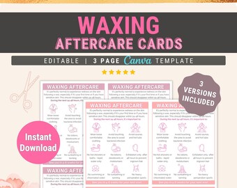 May include: Three pink and white printable cards with the text "Waxing Aftercare" and instructions for aftercare following a waxing appointment. The cards include instructions to wear loose clothing, avoid touching the area, avoid saunas and hot tubs, no lotions, deodorants or moisturizers, no sunbathing or tanning, no hot showers or baths, and exfoliation only after 48 hours. The cards also include the text "See you in 4-6 weeks for your next wax!" and "3 Versions Included".