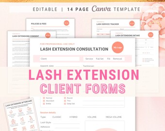 May include: A pink and white Canva template for lash extension businesses. The 14-page template includes client forms, consent forms, aftercare instructions, and a service tracker. Text includes "Lash Extension Consultation" and "Instant Download."