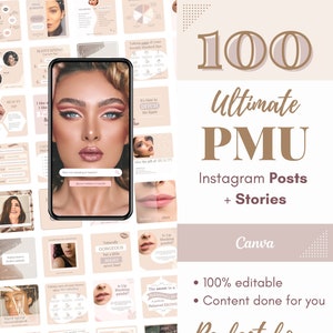 Puede incluir: Un diseño gráfico rosa y blanco con el texto "100 Ultimate PMU Instagram Posts + Stories Canva" y una lista de viñetas: "100% editable", "Contenido hecho para ti", "Perfecto para", "Artistas de Microblading", "Artistas de Lip Blushing", "Gerentes de Redes Sociales" y "BOOSTERPRINTS".