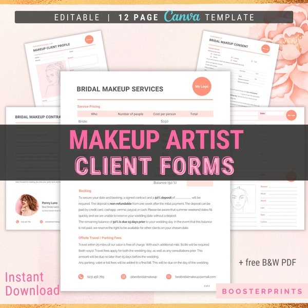 Makeup artist contract and client forms MUA contract Bridal Makeup Artist forms MUA Wedding bridal contract template MUA forms for wedding