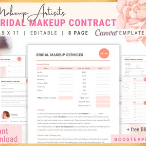 Può includere: Un modello di contratto per il trucco da sposa con un design morbido e femminile. Il documento include sezioni per i prezzi dei servizi, i profili dei clienti e i moduli di consenso. Il testo recita "Makeup Artists, Bridal Makeup Contract, 8.5 x 11, Editable, 8 Page, Canva Template."