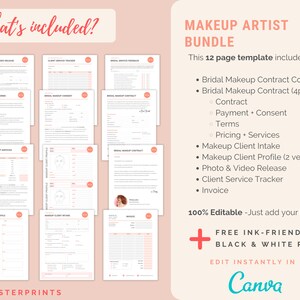 K&ouml;nnte beinhalten: Ein digitaler Download einer 12-seitigen Vorlage f&uuml;r Make-up-Artists. Die Vorlage umfasst ein Deckblatt f&uuml;r einen Braut-Make-up-Vertrag, einen Braut-Make-up-Vertrag, Zahlungs- und Einverst&auml;ndniserkl&auml;rungen, Bedingungen, Preisgestaltung und Dienstleistungen, ein Make-up-Kundenaufnahmeformular, ein Make-up-Kundenprofil, ein Formular zur Freigabe von Fotos und Videos, einen Kundendienst-Tracker und eine Rechnung. Die Vorlage ist zu 100% editierbar und enth&auml;lt eine kostenlose, tintenfreundliche Schwarzwei&szlig;-PDF. Die Vorlage kann in Canva bearbeitet werden.