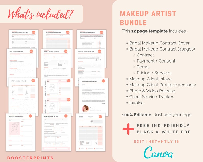 K&ouml;nnte beinhalten: Ein digitaler Download einer 12-seitigen Vorlage f&uuml;r Make-up-Artists. Die Vorlage umfasst ein Deckblatt f&uuml;r einen Braut-Make-up-Vertrag, einen Braut-Make-up-Vertrag, Zahlungs- und Einverst&auml;ndniserkl&auml;rungen, Bedingungen, Preisgestaltung und Dienstleistungen, ein Make-up-Kundenaufnahmeformular, ein Make-up-Kundenprofil, ein Formular zur Freigabe von Fotos und Videos, einen Kundendienst-Tracker und eine Rechnung. Die Vorlage ist zu 100% editierbar und enth&auml;lt eine kostenlose, tintenfreundliche Schwarzwei&szlig;-PDF. Die Vorlage kann in Canva bearbeitet werden.