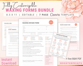 May include: A pink and white printable bundle of seven customisable waxing forms for a business. The forms include a waxing intake form, a waxing consent form, a waxing aftercare form, a client feedback form, and a policies and fees form. The forms are 8.5 inches by 11 inches and are editable in Canva. The bundle also includes four free black and white PDF booster prints.