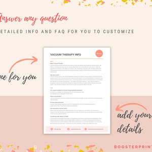 Puede incluir: Un documento imprimible rosa y blanco con el t&iacute;tulo "Vacuum Therapy Info" y el texto "Answer any question" y "Done for you" y "Add your details". El documento incluye informaci&oacute;n sobre la terapia de vac&iacute;o, incluyendo qu&eacute; es, c&oacute;mo funciona y preguntas frecuentes.