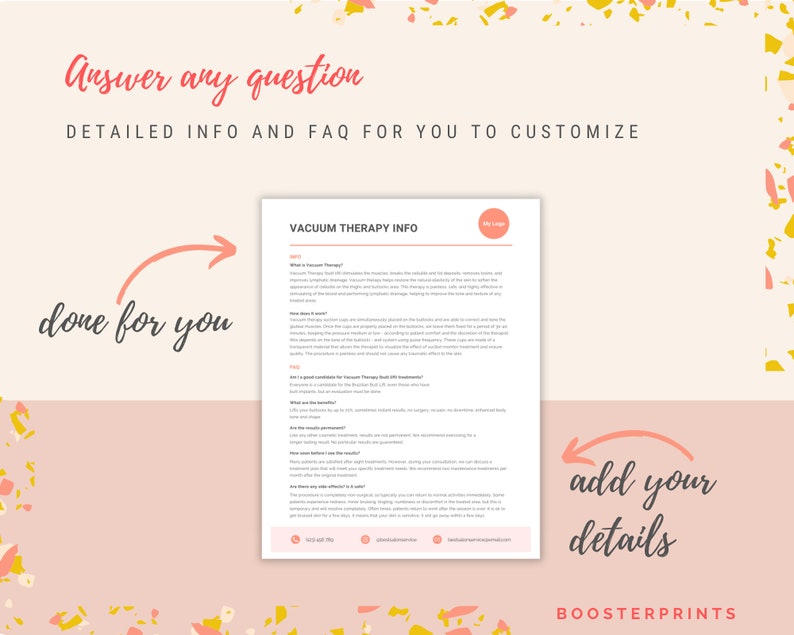Puede incluir: Un documento imprimible rosa y blanco con el t&iacute;tulo "Vacuum Therapy Info" y el texto "Answer any question" y "Done for you" y "Add your details". El documento incluye informaci&oacute;n sobre la terapia de vac&iacute;o, incluyendo qu&eacute; es, c&oacute;mo funciona y preguntas frecuentes.