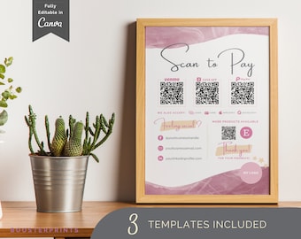 May include: A printable sign with a pink watercolor background. The sign says "Scan to Pay" and includes QR codes for Venmo, Cash App, and PayPal. It also includes a section for social media handles and a "Thank you!" message.