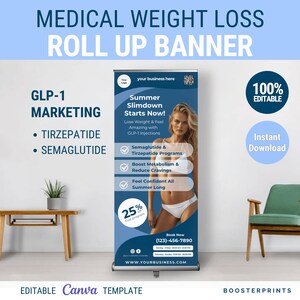 Pode incluir: Uma faixa retrátil azul e branca com o texto "Medical Weight Loss Roll Up Banner" no topo. A faixa anuncia o marketing GLP-1 com o texto "Summer Slimdown Starts Now!" e "Semaglutide & Tirzepatide Programs". A faixa também inclui uma foto de uma mulher de biquíni branco. O texto "100% Editable" e "Download instantâneo" está no canto superior direito da faixa.