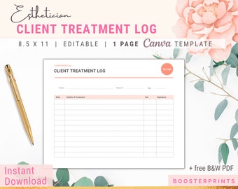Client Treatment Log Editable Esthetician Business form Beauty Salon Day Spa business template client treatment tracker Salon documents