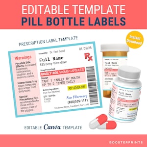 Modelo de rótulos RX, modelo de frasco de prescrição Rótulo RX editável Rótulos de prescrição personalizados Rótulo de medicamento divertido Rótulo de pílulas personalizado
