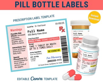 RX Labels Template, Prescription bottle template Editable RX Label Custom Prescription Labels Fun Medicine Label Custom Pills label