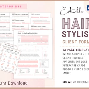 Hair Stylist Client Forms hair extensions consent color correction intake hair salon forms hairstylist consent hairdresser aftercare card