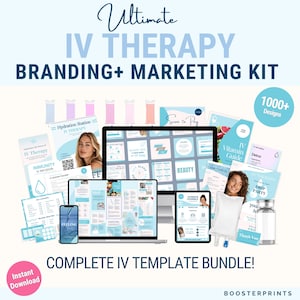 Könnte beinhalten: Ein digitales Marketing-Kit für die IV-Therapie mit Branding- und Promotion-Vorlagen. Das Bild zeigt einen Laptop, ein Tablet und ein Smartphone, die Designs anzeigen, sowie IV-Beutel und einen Vitamin-Guide. Text: "Ultimate IV Therapy Branding + Marketing Kit" und "Complete IV Template Bundle!"