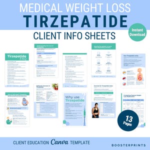 Puede incluir: Un conjunto de hojas informativas para clientes sobre la pérdida de peso médica y Tirzepatida. Las hojas incluyen información sobre preguntas frecuentes, costos, ejercicio y cómo funciona Tirzepatida. El diseño es azul claro y verde, con el texto "Descarga instantánea" y "13 páginas".