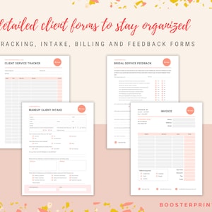 K&ouml;nnte beinhalten: Vier druckbare Kundenformulare f&uuml;r Tracking, Aufnahme, Rechnungsstellung und Feedback. Die Formulare sind f&uuml;r ein Sch&ouml;nheitsunternehmen konzipiert und zeichnen sich durch ein rosa-wei&szlig;es Farbschema mit einem schlichten, modernen Design aus.