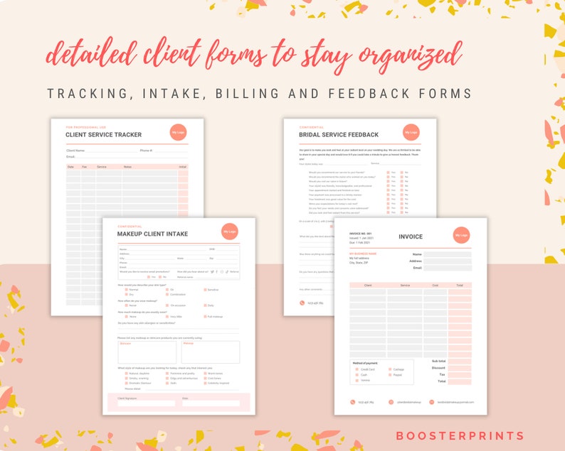 K&ouml;nnte beinhalten: Vier druckbare Kundenformulare f&uuml;r Tracking, Aufnahme, Rechnungsstellung und Feedback. Die Formulare sind f&uuml;r ein Sch&ouml;nheitsunternehmen konzipiert und zeichnen sich durch ein rosa-wei&szlig;es Farbschema mit einem schlichten, modernen Design aus.