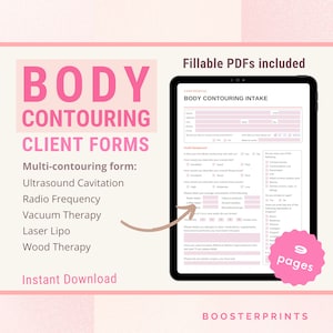 Formulários de contorno corporal Ingestão de clientes Formulários de consentimento Ultrassom Cavitação Laser Lipo Terapia RF Terapia a vácuo Terapia de madeira Formulários de levantamento de bumbum