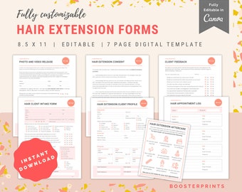 May include: A set of seven printable forms for hair extensions, including a photo and video release, client intake form, extension consent, client feedback, client profile, appointment log, and aftercare instructions. The forms are designed in a pink and white color scheme with the text "My Salon" in a circle at the top of each page. The forms are 8.5 x 11 inches and are fully customizable in Canva.