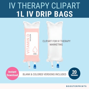 Puede incluir: Clipart de dos bolsas de goteo IV de 1 litro. Una bolsa es rosa y dice "Vitamin D Infusion" y la otra bolsa es blanca. Las bolsas son para la comercialización de la terapia IV. Se incluyen 20 versiones, en blanco y color.
