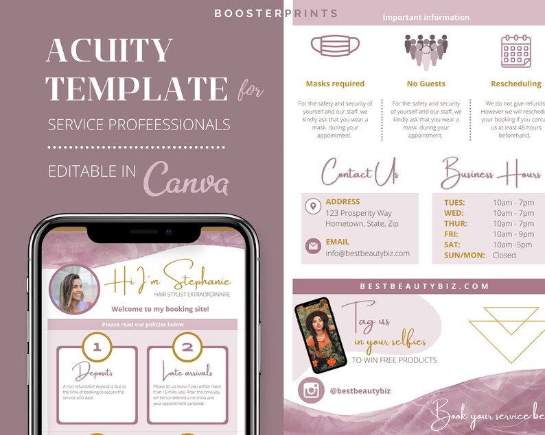 Acuity template for service professionals. Estheticians, hair stylists, lash artists. Canva template in rose quartz. Image 1
