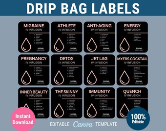 IV bag labels editable IV vitamin therapy bag label IV label template for hydration clinic iv therapy template iv label iv infusion template