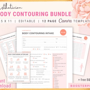 Formulário de contorno corporal Entrada editável Escultura corporal Consentimento do cliente modelagem corporal Cartões de cuidados posteriores Modelo de formulários de escultura corporal para esteticista