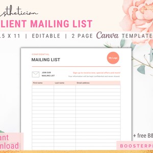 Mailing list sign up sheet Email list client opt-in Salon clients template Esthetician Buisness template Canva Beauty Salon Day spa business
