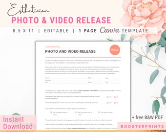 May include: A printable photo and video release form for estheticians. The form includes sections for the client's name, address, date of birth, age, and signature. It also includes checkboxes for the client to indicate whether they consent to the use of their photos and videos for advertising and marketing purposes. The form is labeled "CONFIDENTIAL" and includes the text "PHOTO AND VIDEO RELEASE".
