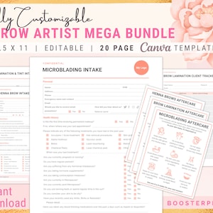 May include: A customizable brow artist mega bundle template, including intake forms, aftercare instructions, and client trackers. The bundle is 8.5 x 11 inches and editable in Canva. The design features a soft pink and white color scheme with floral accents.