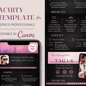 Op de afbeelding: Acuity-sjabloon voor serviceprofessionals, bewerkbaar in Canva. Het ontwerp toont een smartphone met een logo-placeholder en een foto van een vrouw. Bevat contactgegevens, beleid en social media-handles. Het kleurenschema is zwart, wit en roze.