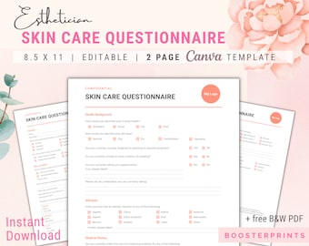 May include: A printable skin care questionnaire template in pink and white. The template is designed for estheticians and includes sections for health background, allergies, and medical history. The text "CONFIDENTIAL" and "SKIN CARE QUESTIONNAIRE" is at the top of the page. The text "8.5 X 11 | EDITABLE | 2 PAGE Canva TEMPLATE" is at the top of the page. The text "Instant Download" is at the bottom left of the page. The text "+ free B&W PDF" is at the bottom right of the page. The text "BOOSTERPRINTS" is at the bottom center of the page.