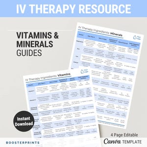 Op de afbeelding: Een blauwe en witte printbare gids met de titel "IV Therapy Resource" en de tekst "Vitamins & Minerals Guides". De gids somt vitamines en mineralen op, hun voordelen, symptomen van deficiëntie, natuurlijke bronnen en de dagelijks aanbevolen hoeveelheden.