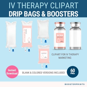 Può includere: Set di clipart di sacche per terapia endovenosa e booster. Il set include tre sacche per IV, due con etichette per la vitamina D e una vuota, e due flaconi di booster, uno con un'etichetta BCAA e uno vuoto. Le sacche e i flaconi sono su uno sfondo blu chiaro. Il testo "CLIPART PER IL MARKETING DELLA TERAPIA IV" è nella parte inferiore dell'immagine. Il testo "60 PNGS" è in un cerchio rosa nell'angolo in basso a destra dell'immagine.
