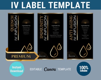 IV bag labels editable IV vitamin therapy templates premium IV label black gold iv template iv hydration business template iv infusion bag