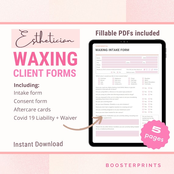 Waxing Consent forms - Wax Intake and Aftercare cards - Esthetician business forms for day spa or salon - Editable Canva Client Intake PDF