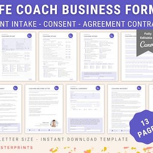 May include: A set of 13 printable life coach business forms in a purple and white color scheme. The forms include a coaching intake, coaching agreement, coaching welcome letter, financial agreement, coaching info sheet, and client session tracker. The text "Fully Editable in Canva" is visible in the image.