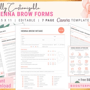 Formulaires de consentement Henna Brows Formulaires d'admission Suivi du traitement client Brow Cartes de soin au henné pour les sourcils Modèles d'esthéticienne pour salon de coiffure