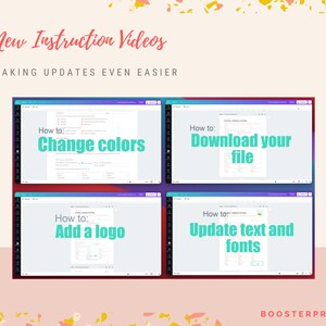 Puede incluir: Cuatro pantallas de ordenador que muestran c&oacute;mo utilizar un sitio web. Las pantallas muestran c&oacute;mo cambiar los colores, descargar un archivo, a&ntilde;adir un logotipo y actualizar el texto y las fuentes. El texto "BOOSTERPRINTS" est&aacute; en la parte inferior de la imagen.