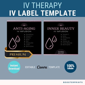 IV bag labels editable IV vitamin therapy bag label black pink IV label template hydration clinic iv therapy template canva iv templat
