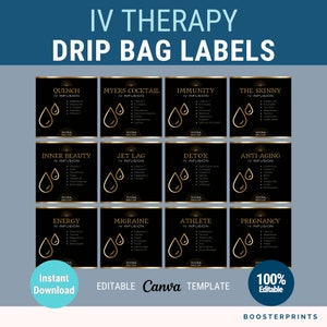 IV bag labels editable IV vitamin therapy bag label black gold IV label template hydration clinic iv therapy template iv infusion template