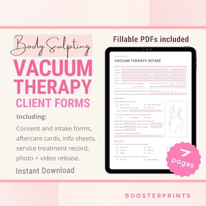 Puede incluir: Una tableta digital que muestra un formulario imprimible para una toma de terapia de vacío. El formulario se titula "Vacuum Therapy Intake" e incluye secciones para información personal, historial de salud y objetivos de servicio. El formulario está diseñado para ser completado por los clientes antes de recibir tratamientos de terapia de vacío. La imagen también incluye un círculo rosa con el texto "7 páginas" y el texto "BOOSTERPRINTS" en la parte inferior de la imagen.
