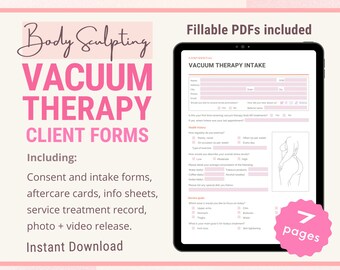 May include: A digital tablet displaying a printable form for a vacuum therapy intake. The form is titled "Vacuum Therapy Intake" and includes sections for personal information, health history, and service goals. The form is designed to be filled out by clients before receiving vacuum therapy treatments. The image also includes a pink circle with the text "7 pages" and the text "BOOSTERPRINTS" at the bottom of the image.
