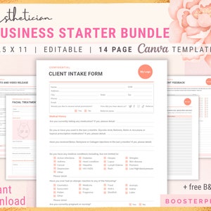 May include: A pink and white Canva template bundle for estheticians. The bundle includes a client intake form, photo and video release, facial treatment form, and client feedback form. The template is 21.6 x 27.9 cm and editable.