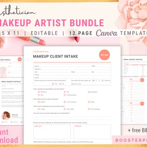 Makeup artist bundle. Client profile cards and business forms for MUA. Editable Canva template.