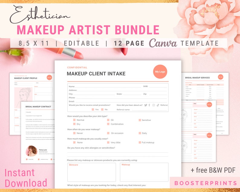 Makeup artist bundle. Client profile cards and business forms for MUA. Editable Canva template.