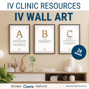 Può includere: Tre stampe d'arte da parete incorniciate con lettere dorate e un design geometrico. Le stampe sono etichettate con A, B e C. Il testo sulle stampe recita "Vitamina A", "B7 Biotina" e "Gluconato di calcio". Le stampe sono su uno scaffale con una superficie in legno. Il testo "24 Designs" è visibile nell'angolo in basso a destra dell'immagine.