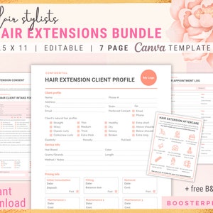 Hair Extension Forms Intake Client Consent client profile aftercare card hair stylist forms hair salon template canva template hairdressers