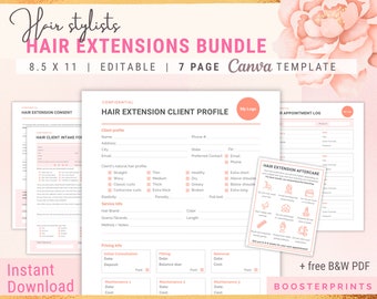 Hair Extension Forms Intake Client Consent client profile aftercare card hair stylist forms hair salon template canva template hairdressers