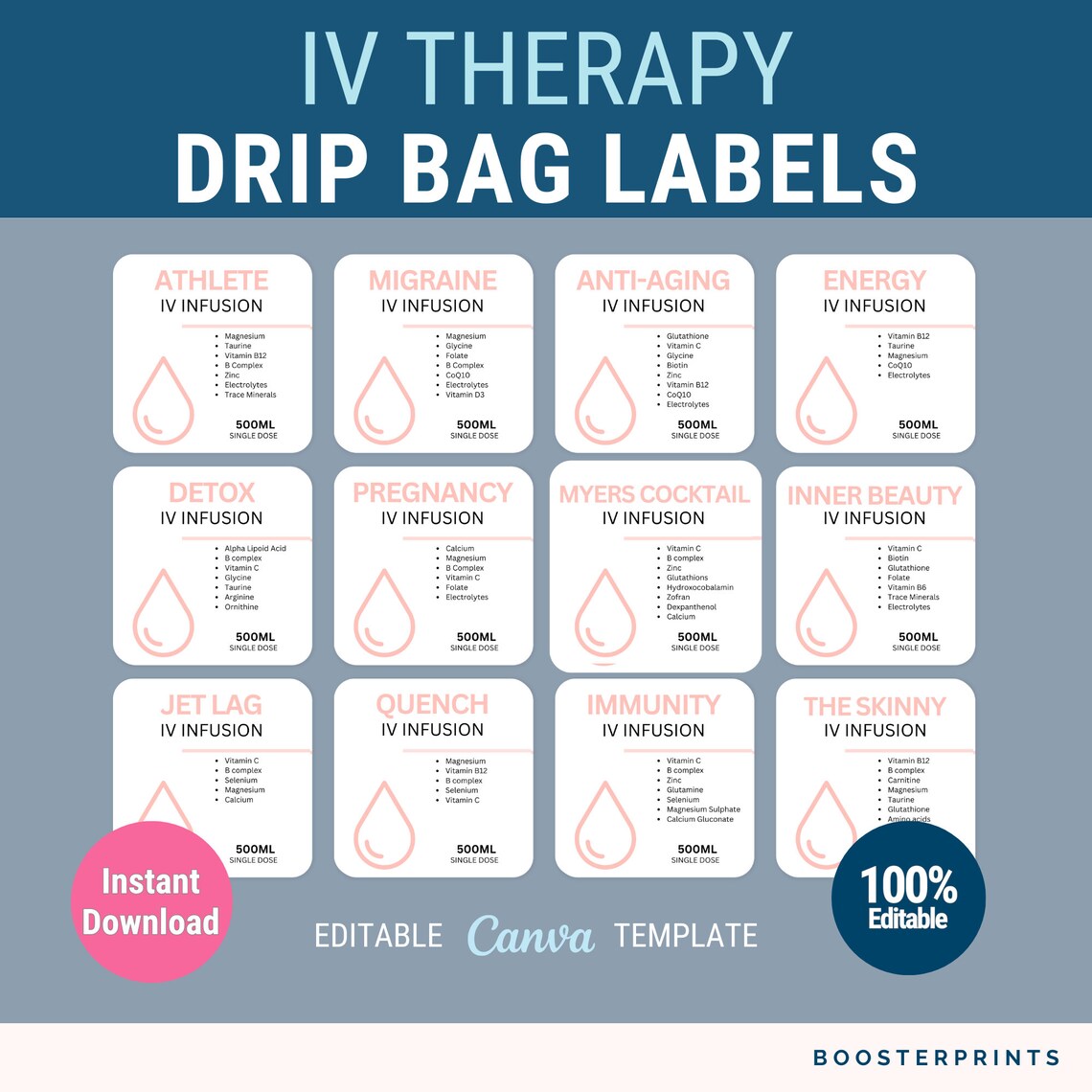 IV Drip Bags Label Editable IV Vitamin Therapy Bag Label IV Labels ...